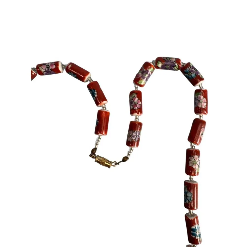 Vintage Chinese Cloisonne Floral Glass Bead Necklace With Barrel Clasp 22" Red M - Picture 9 of 9
